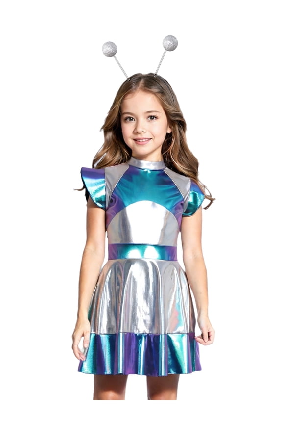 Girls Alien Astronaut Outfit Sparkly Metallic Dance Dress with Alien Headband Kids Outer Blue 8