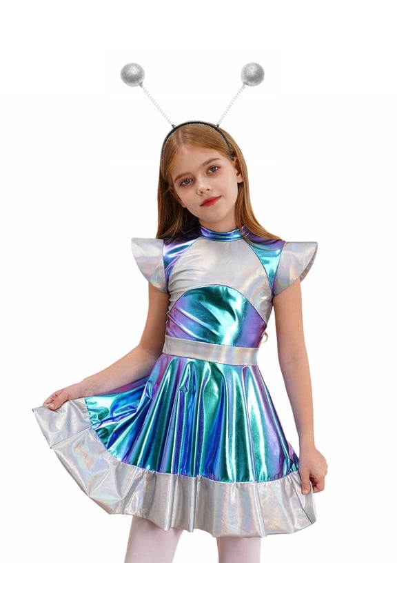 Girls Alien Astronaut Outfit Sparkly Metallic Dance Dress with Alien Headband Kids Outer Silver 6