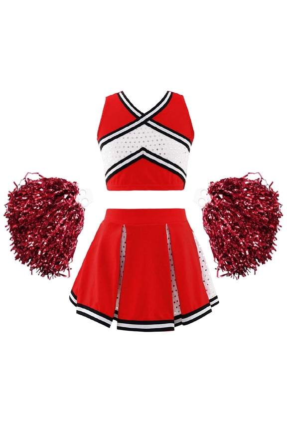Girls Cheer Leader Cheerleading Uniform Festival Birthday Party Outfit V Neck Top Red 4