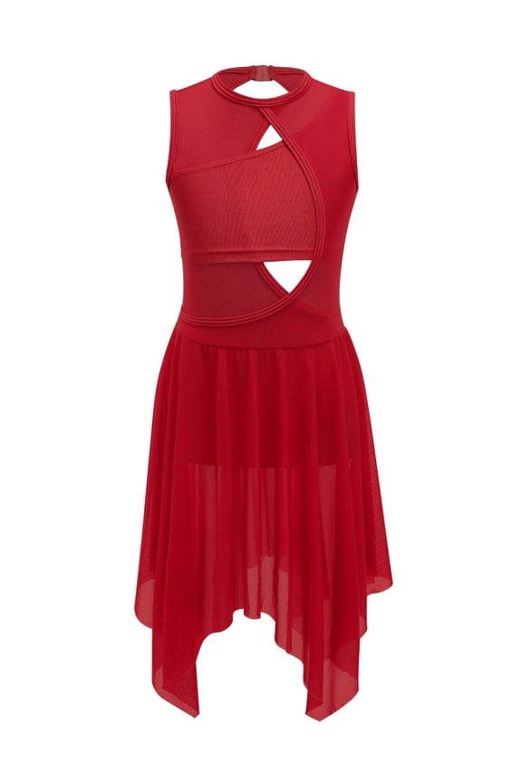 Girls Cutout Back Ballet Lyrical Dance Dress Gymnastic Leotard with Wrap Skirt Chiffon Red 14