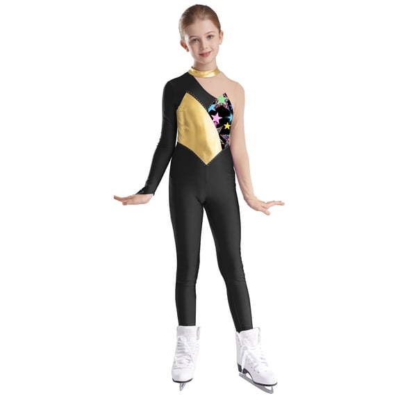 Linjinx Girls Figure Ice Skating Leotard Full Body Bodysuit Kids Shiny Metallic Jumpsuit Dance Mesh Gold 8