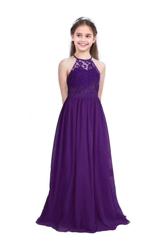 Girls Lace Chiffon Wedding Bridesmaid Long Maxi Dress Formal Dance Gown Deep Purple 10
