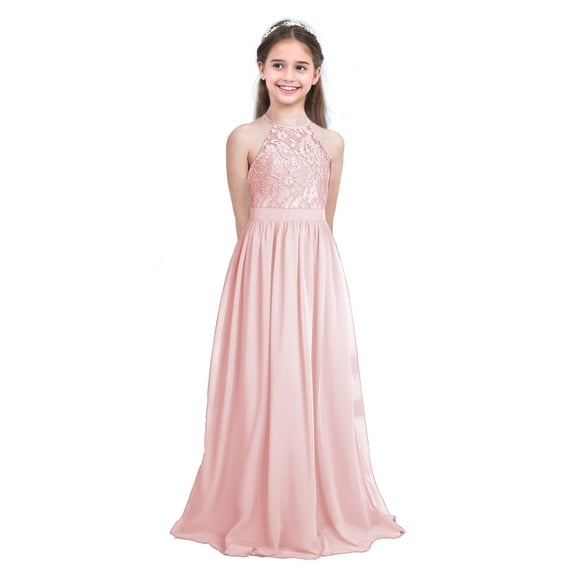 Linjinx Girls Lace Chiffon Wedding Bridesmaid Long Maxi Dress Formal Dance Gown Pearl Pink 8