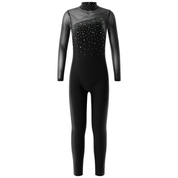Linjinx Girls Long Sleeve Gymnastics Leotard Full Body Rhinestone Ballet Dance Figure Ice Skating Black 8
