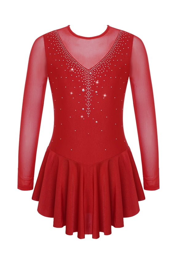 Girls Rhinestone Dance Dress Mesh Spliced Figure Ice Skating Dress Ballet Tutu Leotard Dress Burgundy 16