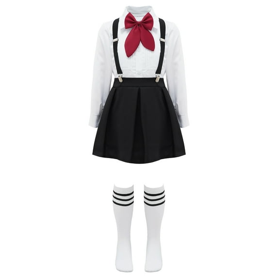 Linjinx Girls School Uniform Suit Short / Long Sleeve Bow Tie Blouse Top A-Line Mini Pleated Skirt Type A Black 160