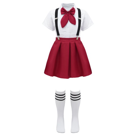 Linjinx Girls School Uniform Suit Short / Long Sleeve Bow Tie Blouse Top A-Line Mini Pleated Skirt Type B Burgundy 170