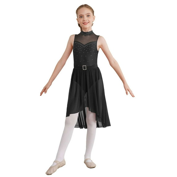 Linjinx Girls Sequined Ballet Lyrical Dance Chiffon Dress Gymnastics Leotard Sheer Mesh Skirts Black 12