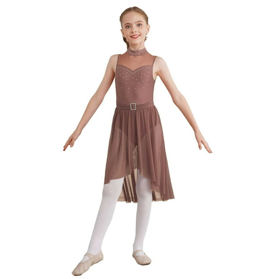Linjinx Girls Sequined Ballet Lyrical Dance Chiffon Dress Gymnastics Leotard Sheer Mesh Skirts Brown 6