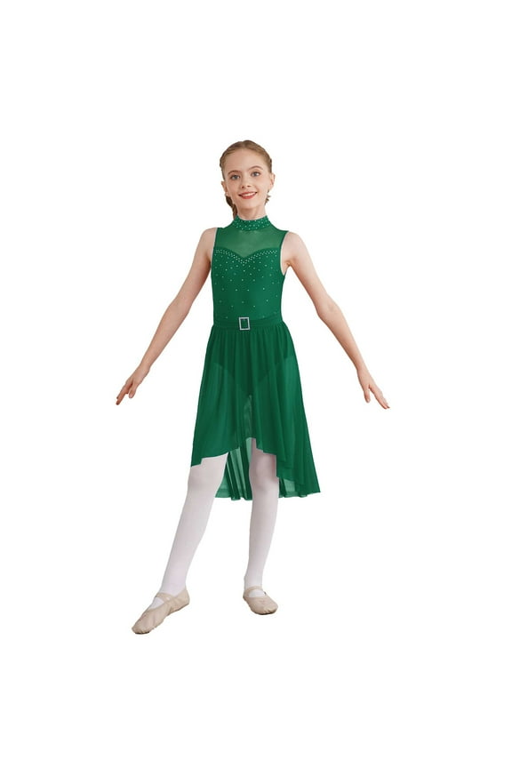 Girls Sequined Ballet Lyrical Dance Chiffon Dress Gymnastics Leotard Sheer Mesh Skirts Green 14