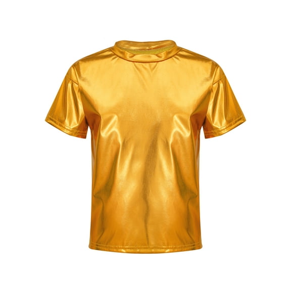 Linjinx Girls Shiny Metallic Dance Tops Sparkly Hip Hop Shirts Jazz Modern Dance T Shirt Stage Gold 120