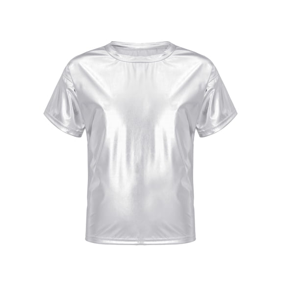 Linjinx Girls Shiny Metallic Dance Tops Sparkly Hip Hop Shirts Jazz Modern Dance T Shirt Stage Silver 130