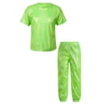 thumbnail image 1 of Linjinx Kids 2 Piece Dance Outfit Shorts Sleeve Shiny Metallic Round Neck T-shirt with Pant Set Jazz Fluorescent Green 120, 1 of 5