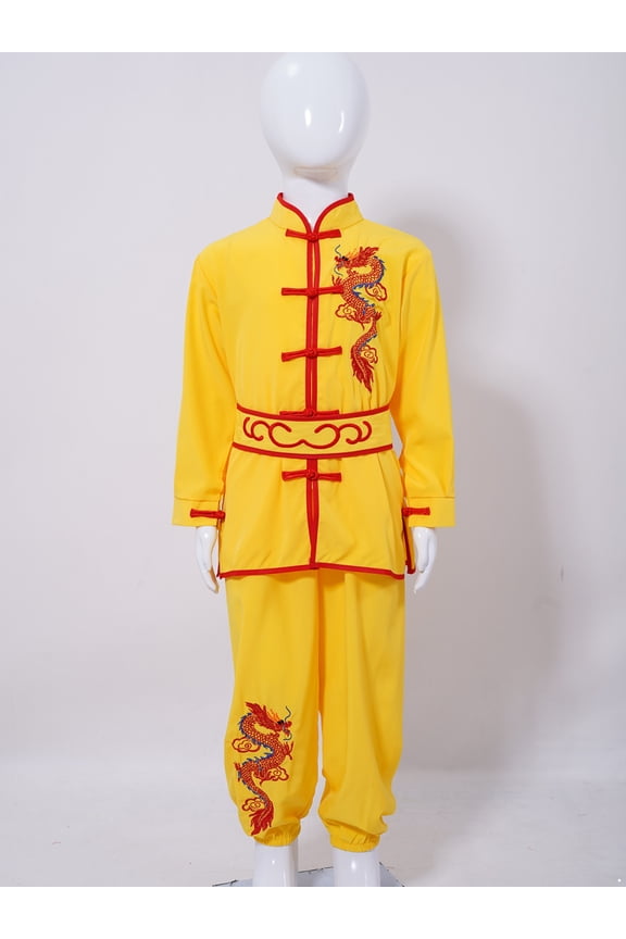 Kids Boys Girls Kung Fu Suit Unisex Children Dragon Embroidery Tai Chi Outfit Chinese Martial Yellow 120