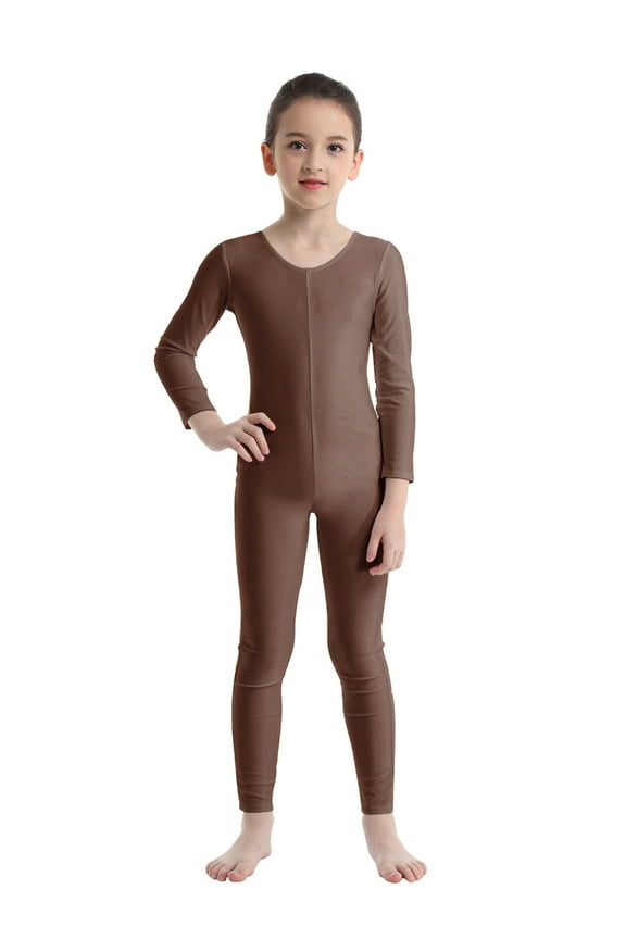 Kids Boys Girls Mock Neck Long Sleeve Unitard Leotard Full Length Bodysuit Sports Yoga Brown 7-8