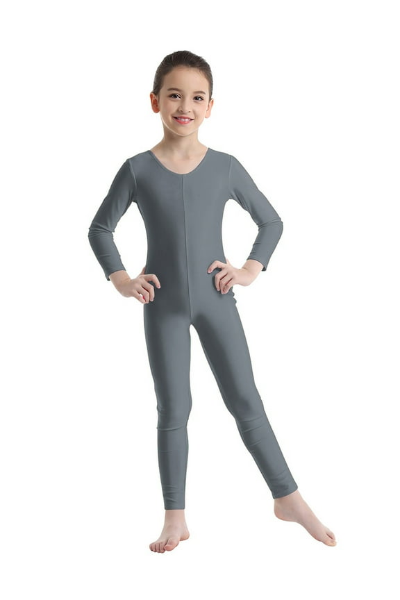 Kids Boys Girls Mock Neck Long Sleeve Unitard Leotard Full Length Bodysuit Sports Yoga Grey 7-8