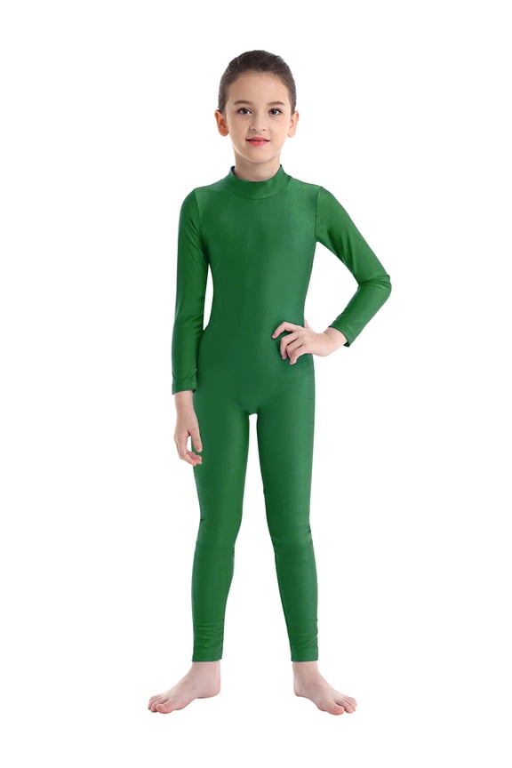 Kids Boys Girls Mock Neck Long Sleeve Unitard Leotard Full Length One Piece Ballet Dancewear Green 9-10