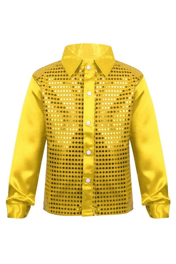 Kids Boys Long Sleeve Tops Shiny Sequined Shirt Dancewear Blouses Gold 4-5