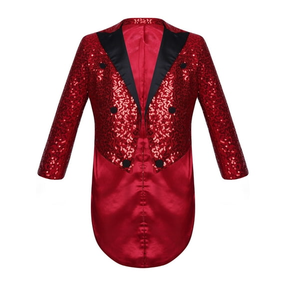 Linjinx Kids Boys Tailcoat Lapel Open Front Long Sleeve Blazer Full Sequin Jacket Coat Stage Burgundy 10