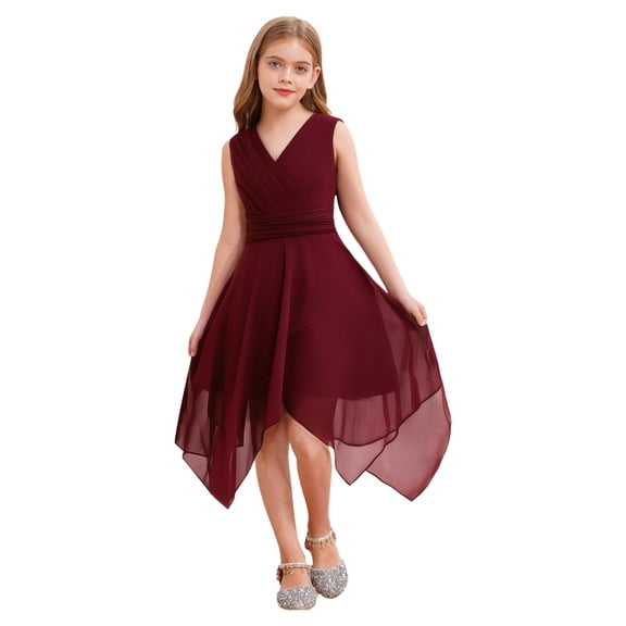 Linjinx Kids Flower Girls Chiffon V Back Wedding Bridesmaid Dress Asymmetric Hem Pleated Waist Burgundy 8
