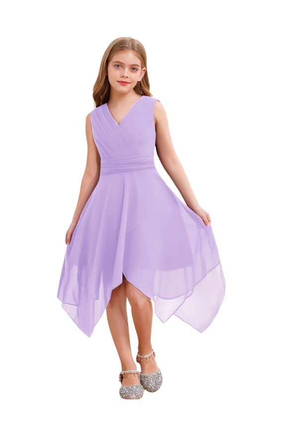 Kids Flower Girls Chiffon V Back Wedding Bridesmaid Dress Asymmetric Hem Pleated Waist Lavender 14