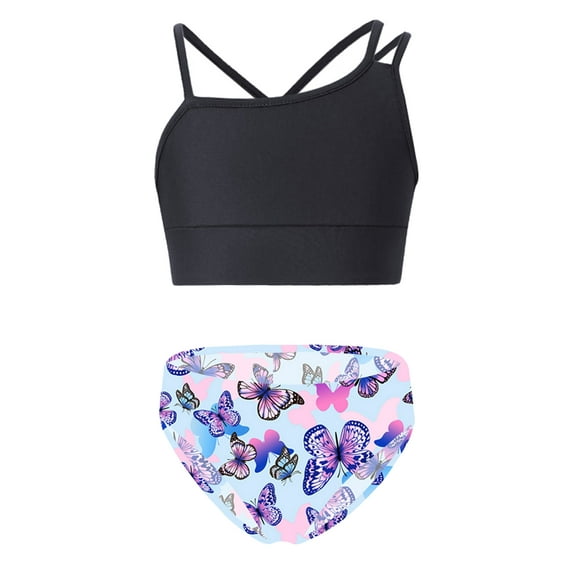 Linjinx Kids Girls 2 Piece Bathing Suit Crop Top with Briefs Bikini Swimsuit Beach Swimwear Set Black&Butterfly 14