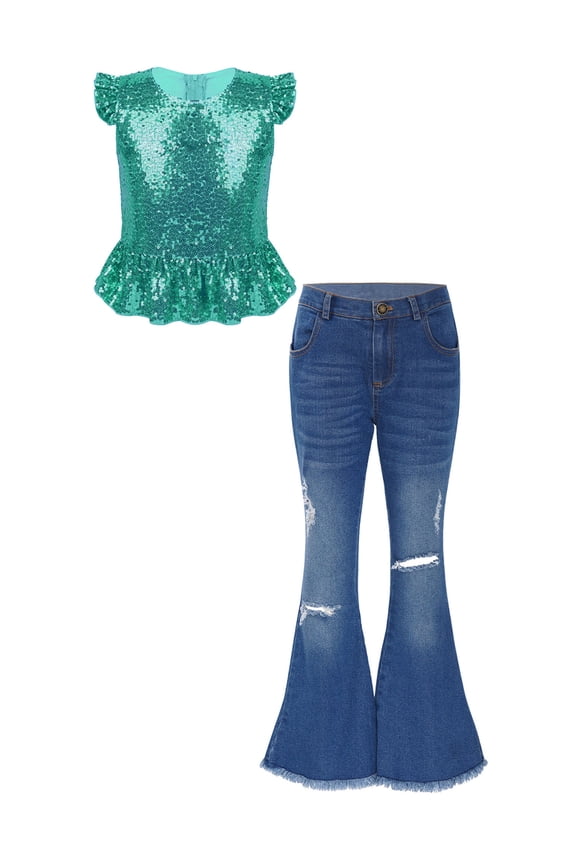 Kids Girls 2 Piece Casual Outfits Sequins Short Flutter Sleeve Peplum Top with Ripped Flare Lake Green 6