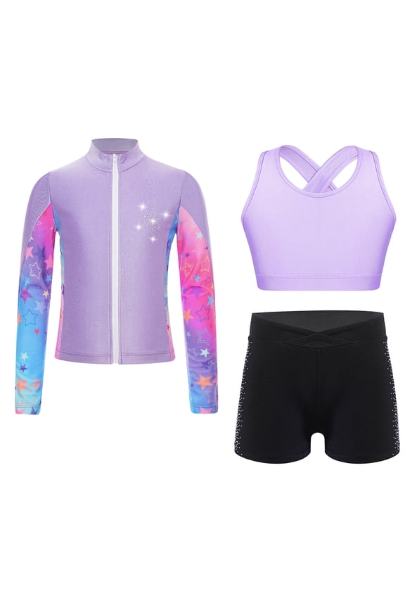 Kids Girls 3Pcs Dance Gymnastic Sweat Suit Long Sleeve Snowflake Stylish Printed Jacket Purple 10