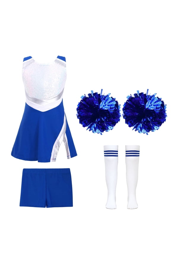 Kids Girls 4Piece Cheerleading Outfit Cheer Leader Uniform Christmas Party A Royal Blue 4