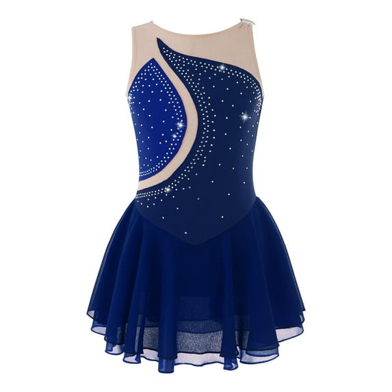 Linjinx Kids Girls Ballet Dance One Piece Tutu Dress Mesh Splice Ice Skaiting Competition Leotard Dark Blue 8