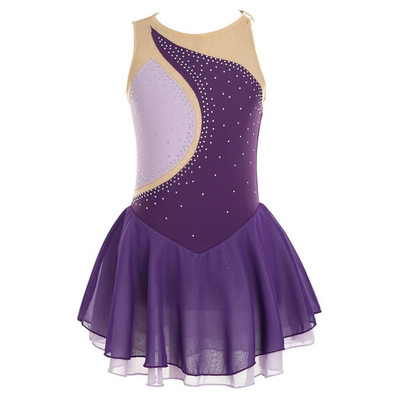 Linjinx Kids Girls Ballet Dance One Piece Tutu Dress Mesh Splice Ice Skaiting Competition Leotard Purple 12