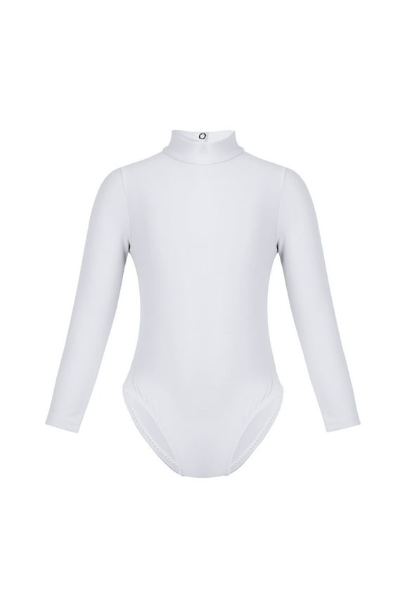 Kids Girls Basic Long Sleeve Turtle Neck Leotard Top T-Shirt for Gymnastics Ballet Dance wear White L