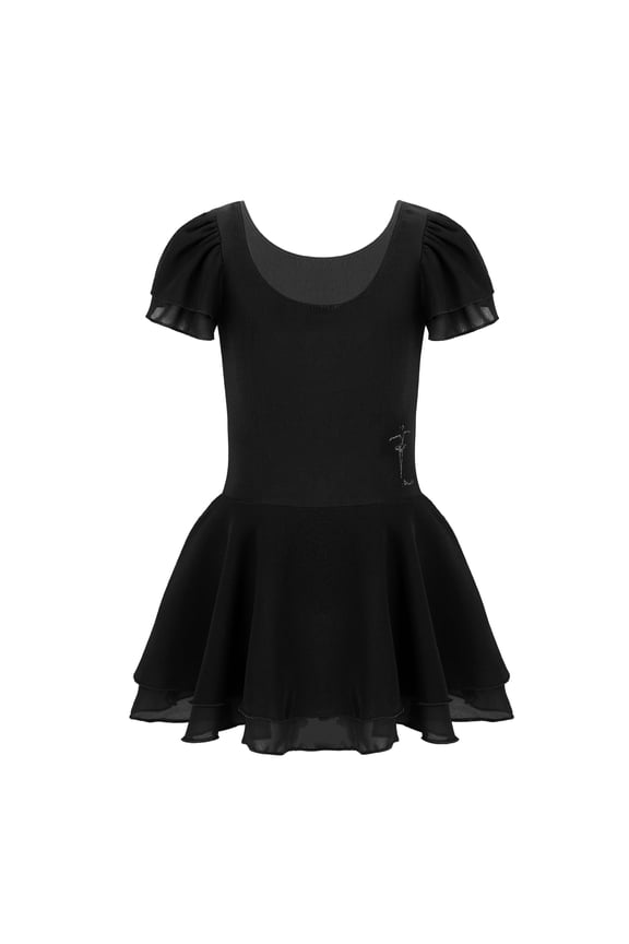 Kids Girls' Basic Ruffled Short Sleeves Ballet Dance Gymnastics Leotard Dress Layered Tutu Black S