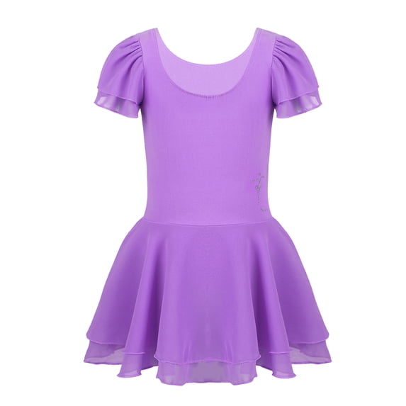 Linjinx Kids Girls' Basic Ruffled Short Sleeves Ballet Dance Gymnastics Leotard Dress Layered Tutu Purple L