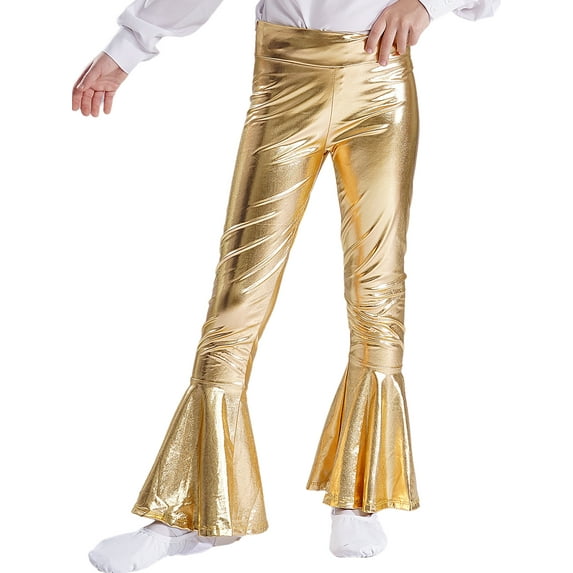 Linjinx Kids Girls Boys Shiny Metallic Ruffle Flared Bell Bottoms Pants Performance Yoga Dance Gold 8