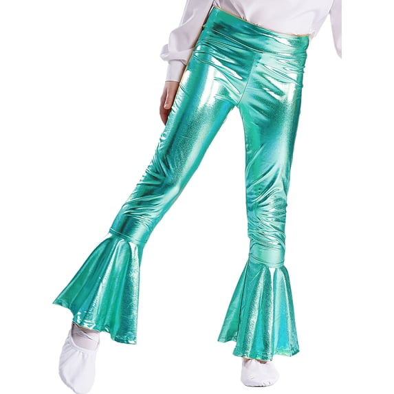 Linjinx Kids Girls Boys Shiny Metallic Ruffle Flared Bell Bottoms Pants Performance Yoga Dance Lake Green 12