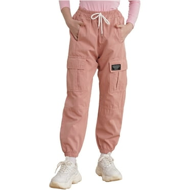 Linjinx Kids Girls Casual Cargo Pants Elastic Waist Jogger Pants Baggy Trousers with Pockets Pink 150