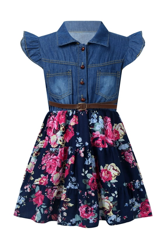 Kids Girls Casual Flutter Sleeve Denim Floral Dress Flower Pattern Swing Dress Tutu Skirts Navy Blue 5