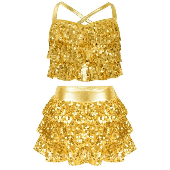 Linjinx Kids Girls Crop Top with Culottes Skirt Sequins Jazz Latin Dancewear Modern Dance Dress Gold 12