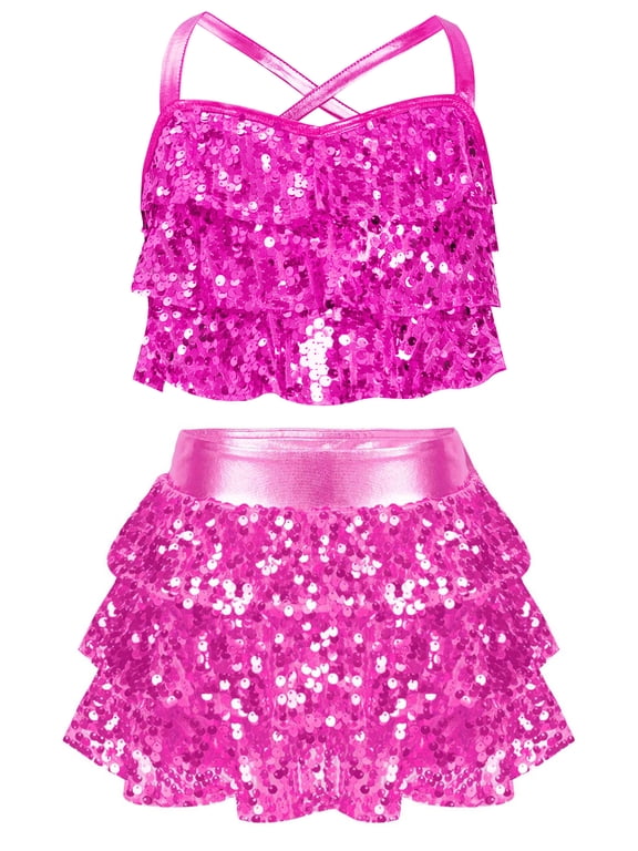 Kids Girls Crop Top with Culottes Skirt Sequins Jazz Latin Dancewear Modern Dance Dress Hot Pink 12