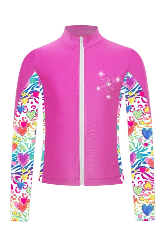 Kids Girls Gym Workout Athletic Sport Jacket Zipper Sparkly Rhinestone Figure Ice Skating Hot Pink 10