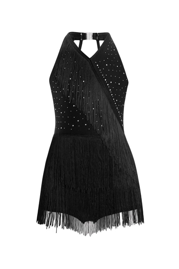 Kids Girls Latin Jazz Dance Dress Tango Rumba Samba Dance Performance Outfit Fringe Skirt Black 10