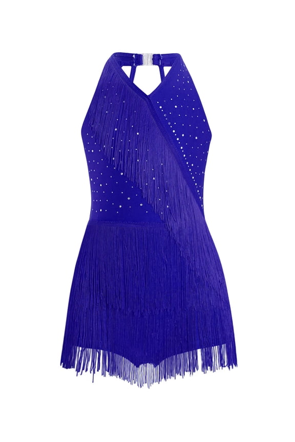 Kids Girls Latin Jazz Dance Dress Tango Rumba Samba Dance Performance Outfit Fringe Skirt Blue 12