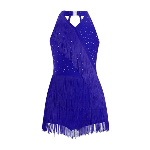 Linjinx Kids Girls Latin Jazz Dance Dress Tango Rumba Samba Dance Performance Outfit Fringe Skirt Blue 8