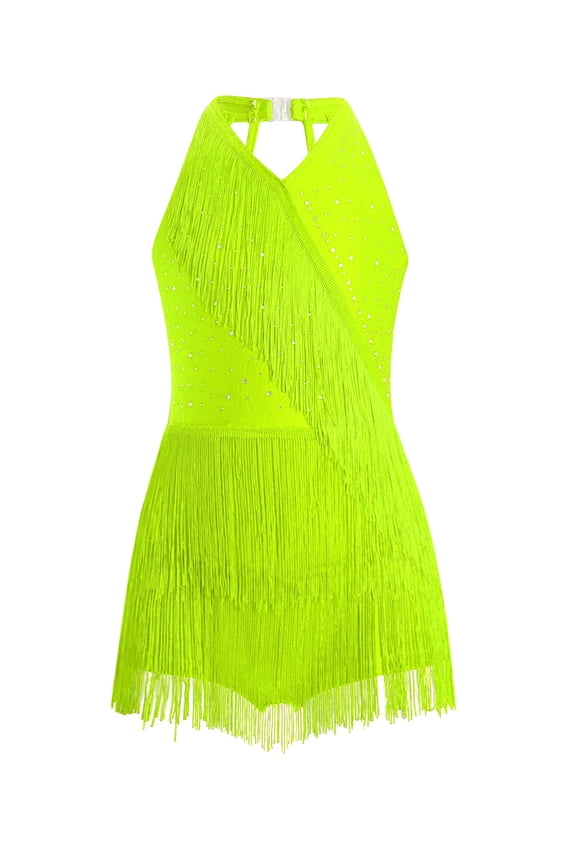 Kids Girls Latin Jazz Dance Dress Tango Rumba Samba Dance Performance Outfit Fringe Skirt Fluorescent Yellow 10