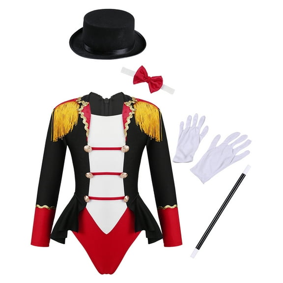 Linjinx Kids Girls Lion Tamer Set Tuxedo Leotard with Hat Magic Wand Gloves Festival Black 4