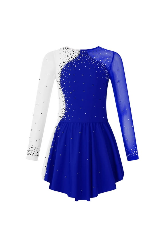 Kids Girls Long Sleeve Figure Ice Skating Dress Ballerina Shiny Diamond Ballet Dance Leotards Royal Blue 6