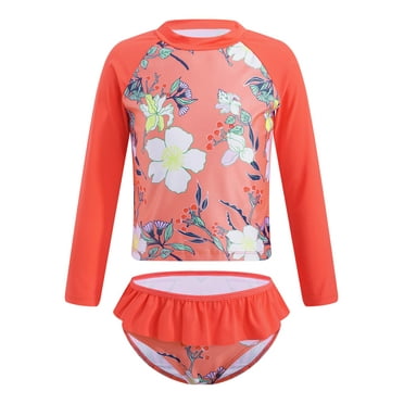 Linjinx Kids Girls Long Sleeves Rash Guard Shirt 2 Pieces Swimsuit Swimwear Bathing Suit Coral Orange 10