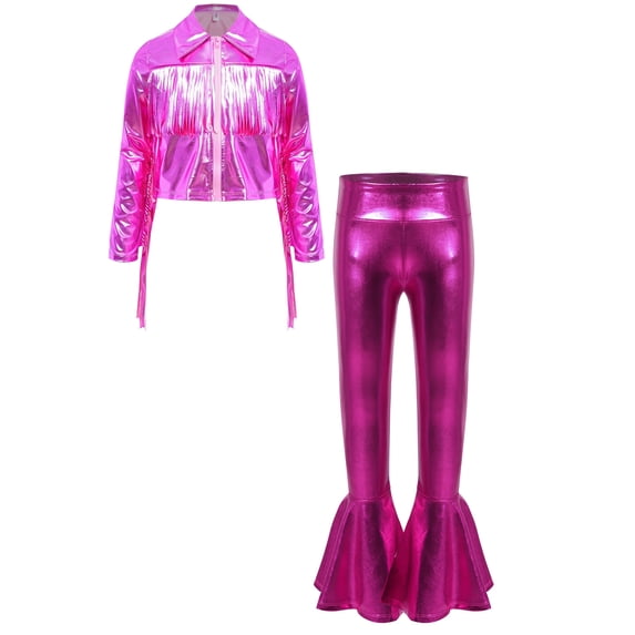 Linjinx Kids Girls Metallic Jazz Hip Hop Dance Outfits Tassel Long Sleeve Bomber Jacket Coat and Flared Pants Set Hot Pink 12