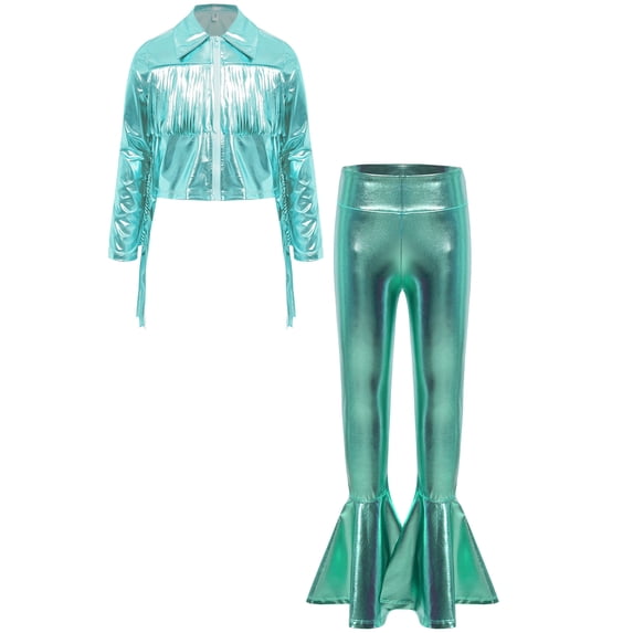 Linjinx Kids Girls Metallic Jazz Hip Hop Dance Outfits Tassel Long Sleeve Bomber Jacket Coat and Flared Pants Set Light Green 8